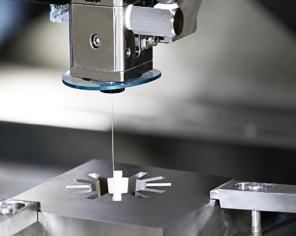 Wire cut EDM machine cutting intricate shapes in metal workpiece